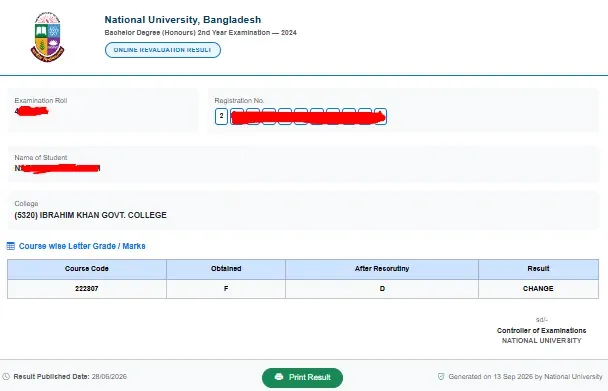 জাতীয় বিশ্ববিদ্যালয়ের রি-স্ক্রুটিনি ফলাফলের উদাহরণ। এখানে Obtained, After Rescrutiny এবং Result কলামের তথ্য তুলনা করে ফলাফলের পরিবর্তন বোঝা যায়।